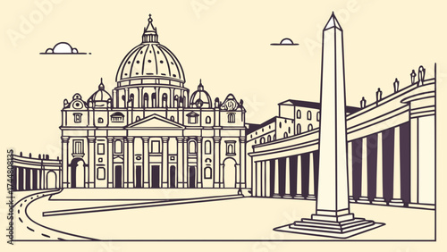 A detailed line drawing of St. Peter's Basilica and Square in Vatican City, showcasing its grand architecture and iconic obelisk.