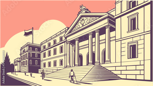A detailed illustration of a grand classical building with columns and steps, people walking on the sidewalk, and a flag flying in the background.