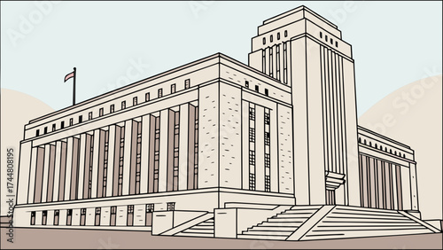 A detailed illustration of a grand institutional building in an Art Deco architectural style with a prominent tower.