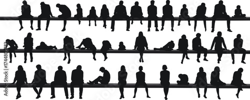 Seated people silhouette vector set, minimalist posture illustration, abstract sitting poses, human figure clipart, social arrangement design, black and white graphic