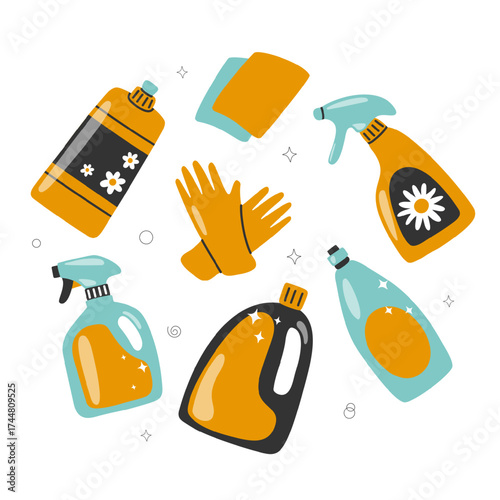 Set of cleaning supplies in flat style. Detergent bottles, gloves, sponges and sprays for home hygiene, disinfection and household chores.