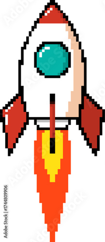 Pixel art rocket icon isolated on white background. Vector illustration