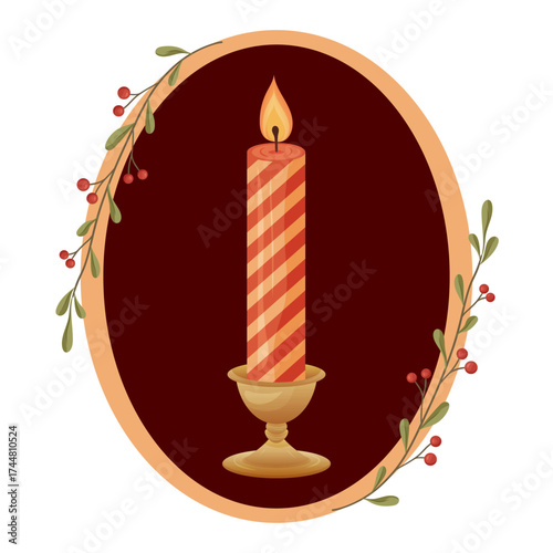 Striped festive candle with flame in golden holder and floral frame
