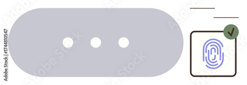 Fingerprint scanning icon next to a verification checkmark. Ideal for security, identification, access control, data privacy, authentication, user interface, secure login. Simple flat metaphor