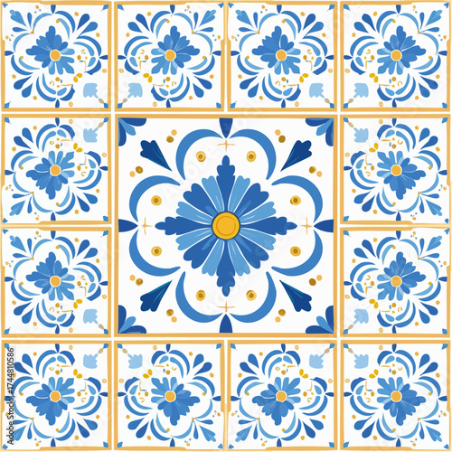 A seamless Spanish Seville blue tile pattern with elegant floral and geometric details. Perfect for packaging, wallpapers, and heritage-inspired prints.