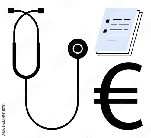 Stethoscope, euro currency sign, and documents emphasize healthcare expenses, medical billing, savings, and economic factors. Ideal for finance, medicine, budgeting policy insurance research