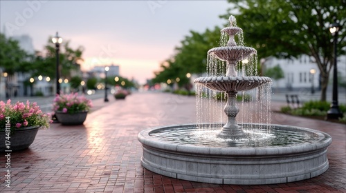 Three Tiered Stone Fountain Sparkling Water Drops in Brick Paved Street Surrounded by Trees at Dusk Cinematic HDR