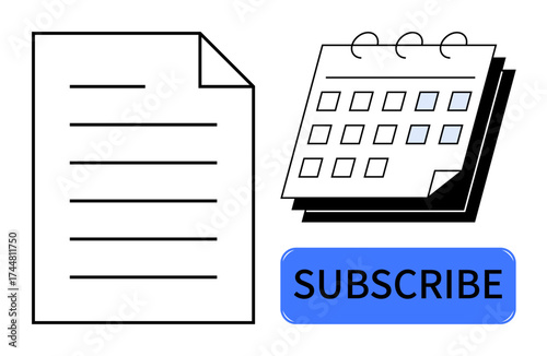 Document alongside calendar and a blue subscribe button. Ideal for scheduling, organization, newsletters, planning, reminders, subscribing, time management. Simple flat metaphor