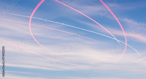 red blue and white backgrounds - An expansive sky filled with vibrant contrails, creating swirling patterns against soft clouds, illustrating the artistry of flight in a serene atmosphere