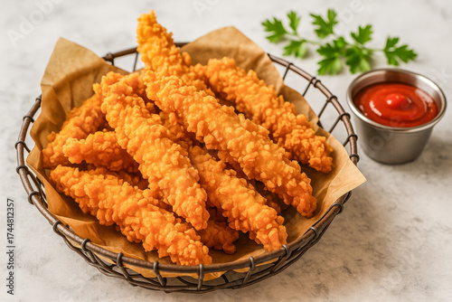 Golden, crunchy fried chicken tenders served in a basket with parchment paper, accompanied by ketchup and garnished with herbs.