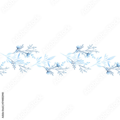 Seamless border. Plant branches with flowers. Blue. Watercolor.