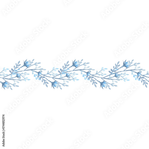 Seamless border. Plant branches with flowers. Blue. Watercolor.