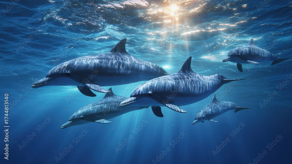 Naklejka premium Dolphin pod swimming beneath glassy ocean surface with caustic light, peaceful marine life, blue water, sunlight rays