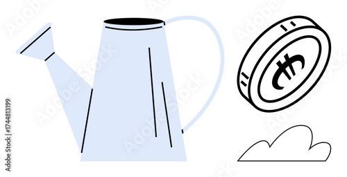 Metal watering can, bitcoin coin, and a small cloud emphasizing financial growth, digital investment, cryptocurrency savings, management strategies, fintech development, wealth planning, modern