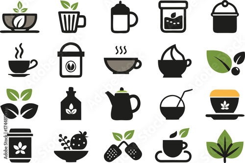 Vector icon collection 200 tea and herbal drinks flat scalable graphics for design projects