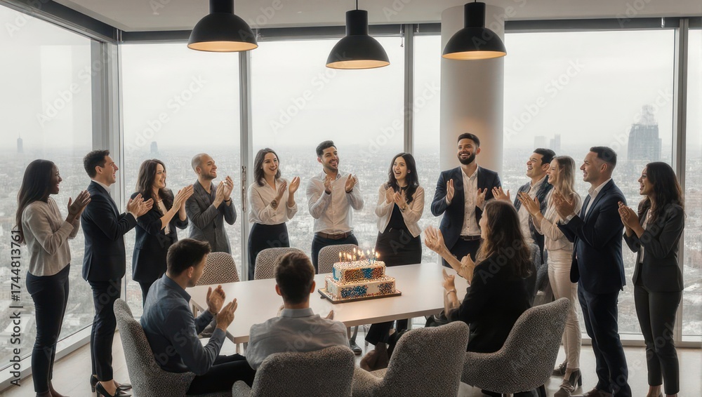Obraz premium Diverse group of business professionals celebrate with cake in an office overlooking city