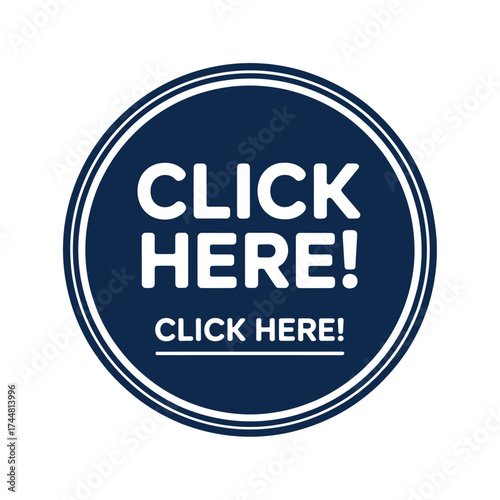 Circular blue button with click here text