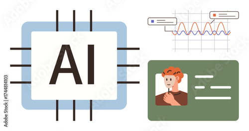 AI chip with bold text, facial recognition ID card, and data graph visualization. Ideal for technology, innovation, machine learning, biometrics, data analysis automation digital future. Simple