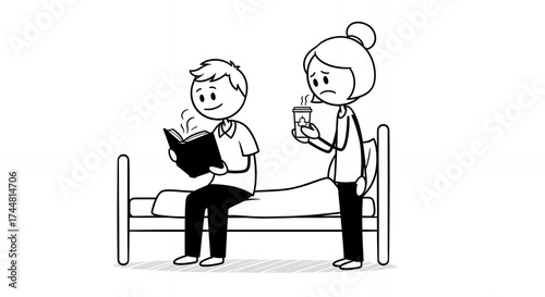 Stick Figure Man Reading Beside Hospital Bed with Woman Holding Beverage in Monochrome Palette Depicting Support and Care Perfect for Healthcare and Relationship Themes Isolated on White Background
