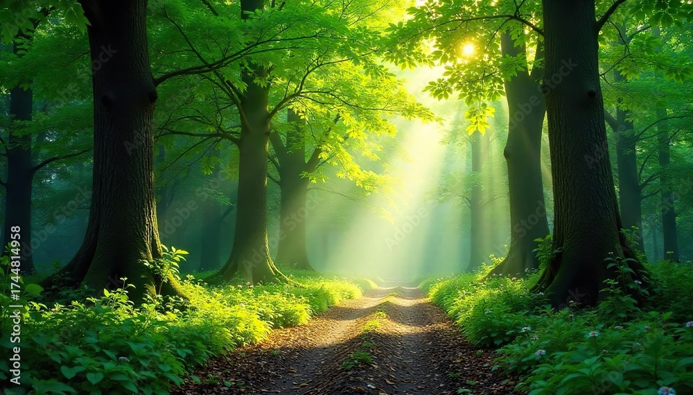 Naklejka premium Sun-Dappled Forest Floor Tranquil Green Canopy, Magical Sunlight Filtering Through Leaves, Perfect for Nature, Travel, and Environmental Projects