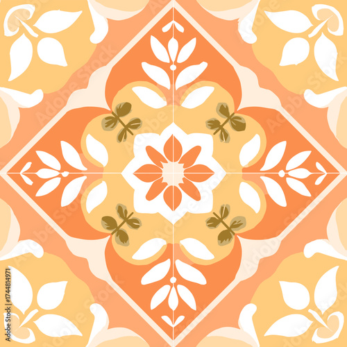 Warm Mediterranean Floral Tile Pattern in Orange and Olive Tones