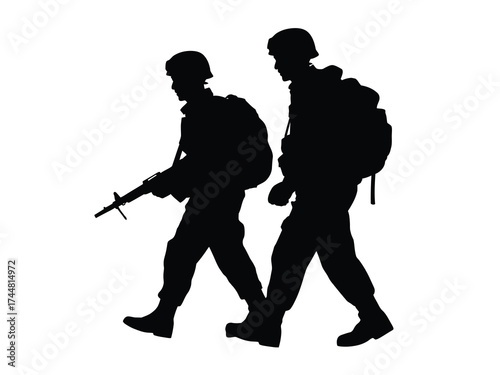 Dynamic silhouette of two determined soldiers marching forward, embodying courage, duty, and the unwavering commitment to service and defense