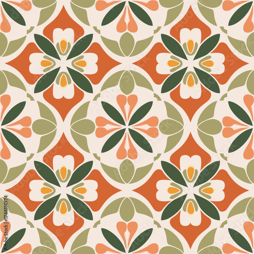 Warm Mediterranean Floral Tile Pattern in Orange and Olive Tones
