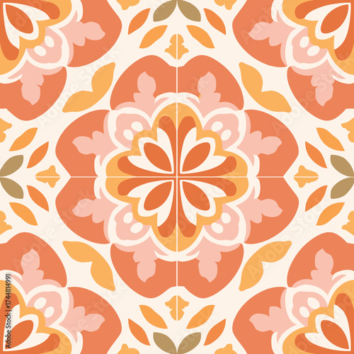 Warm Mediterranean Floral Tile Pattern in Orange and Olive Tones