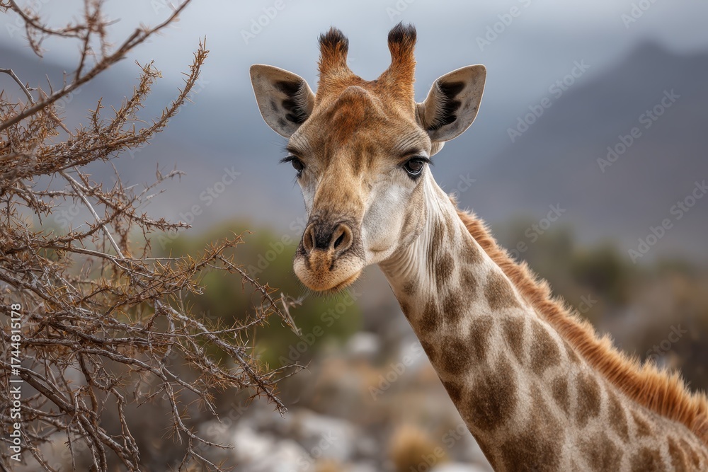 Obraz premium Portrait of a giraffe munching on foliage in the Western Cape of South Africa during a calm afternoon under an overcast sky