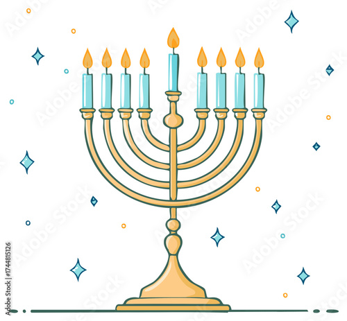 Golden Hanukkah menorah with nine burning candles for the Jewish Festival of Lights celebration