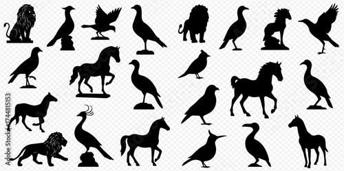 A collection of black animal silhouettes, including lions, horses, and various birds, on a transparent background.