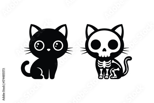 Cute Halloween Cat Illustrations A Black Cat and a Skeleton Cat for Spooky Fun