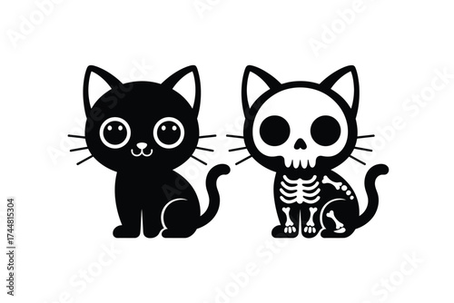 Spooky Cute Black Cat & Skeleton Cat Vector Illustration