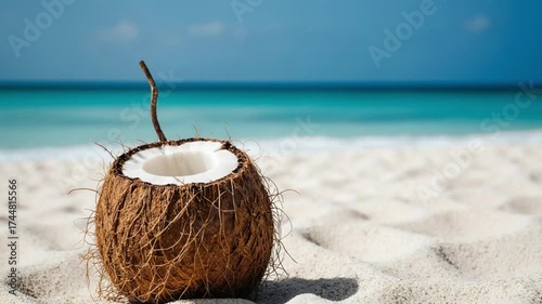 Wallpaper Mural Half Coconut on Sandy Tropical Beach – Exotic Summer Concept Torontodigital.ca