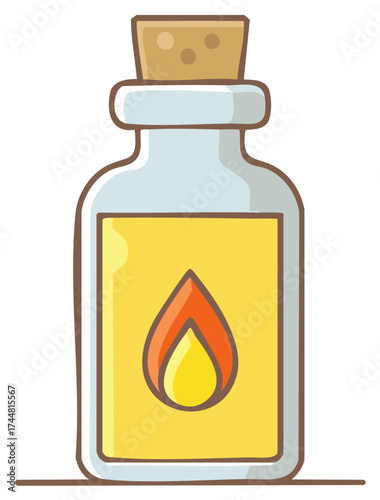 Cartoon illustration of a magic fire potion in a glass bottle with a cork stopper