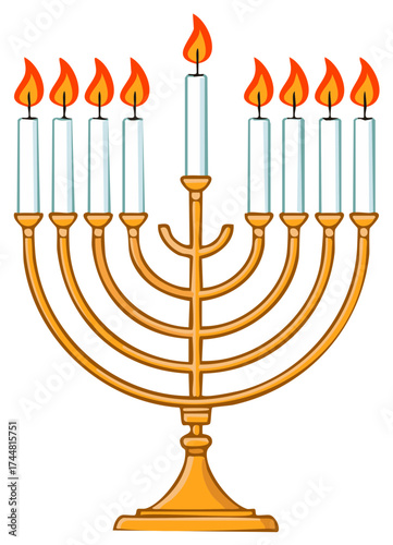 Vibrant cartoon golden menorah with nine burning candles for Jewish festival of lights