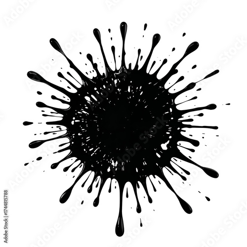 Black ink splatter with liquid drops and small particles isolated on a transparent background