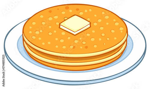 Stack of Hotcakes Topped with a Square of Melting Butter on White Plate for Breakfast Meal