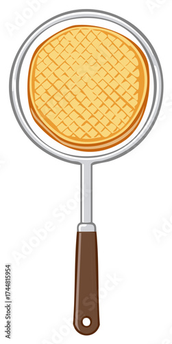 Cartoon illustration of a golden brown waffle in a kitchen skimmer or press