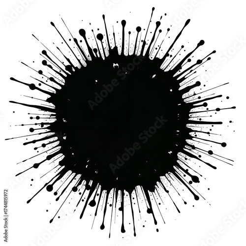Black ink splatter with radiating streaks and droplets isolated on a transparent background