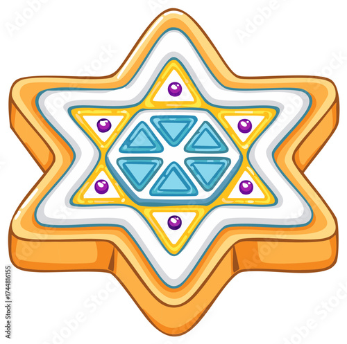 Stylized star shaped cookie with intricate icing design and gemstone like decorations