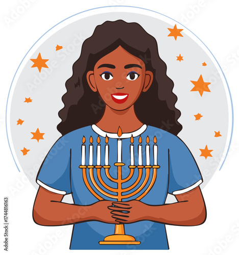 Woman holding Hanukkah menorah with candles lit surrounded by stars and a circular frame