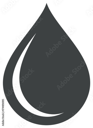 Sleek dark gray droplet icon with curved streak for modern design, essential oil drop, water symbol, ink blot, and abstract liquid element