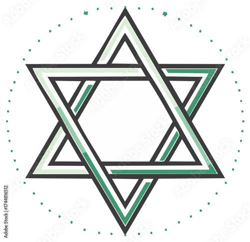 Star of David Geometric Symbol, Green Hexagram Shape with Dots, Jewish Symbolism, Religious Graphic Element, Minimalist Design