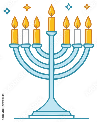 Hanukkah Menorah with Seven Candles and Stars, Holiday Symbol Celebration