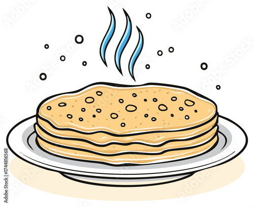Stack of fresh pancakes on a plate with steam rising, cartoon illustration.