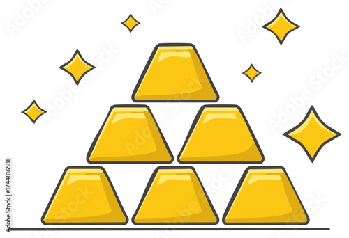Stylized Gold Bars Stacked in Pyramid Shape with Sparkle Stars, Business Finance Concept Illustration, Wealth and Success