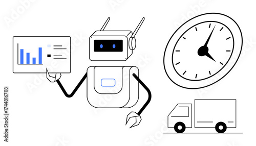 Robot holding analytic chart, large clock, delivery truck. Ideal for tech, automation, logistics, delivery, time tracking productivity efficiency concepts. Simple flat metaphor
