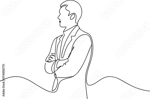 Minimalist line drawing of a businessman in a suit thinking with hand on chin one line