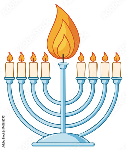 Cartoon Hanukkah menorah with nine lit candles for the Festival of Lights holiday celebration